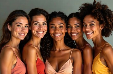 Obraz premium Portrait of five smiling women with different skin colors on a plain background.