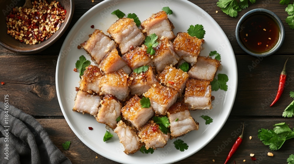 Poster a top-down view of crispy pork belly on a white plate, garnished with coriander and chili peppers, r