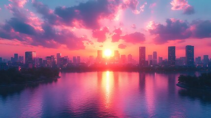 Fototapeta premium City Skyline Sunset Reflecting On Calm Water