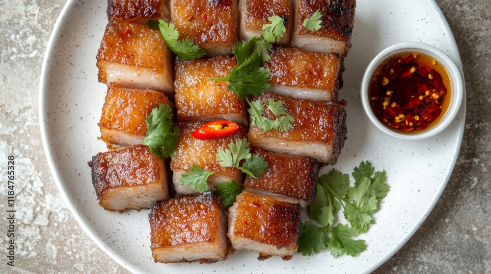 Poster a top-down view of crispy pork belly on a white plate, garnished with coriander and chili peppers, r