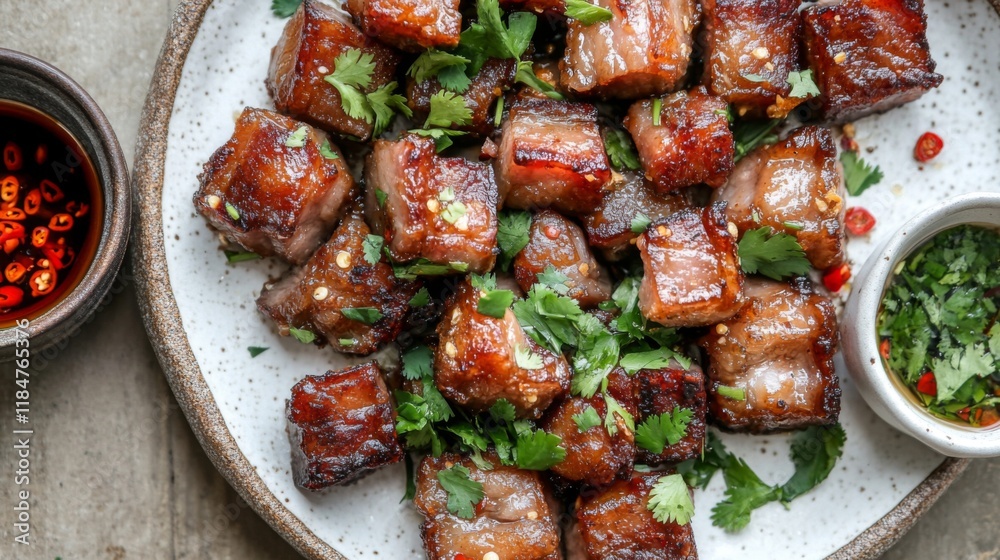 Poster a top-down view of crispy pork belly on a white plate, garnished with coriander and chili peppers, r
