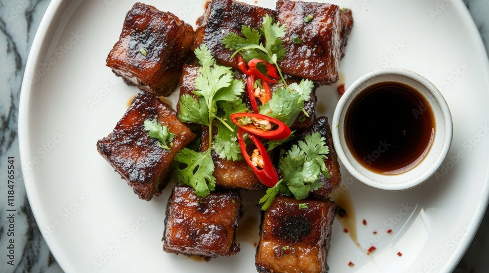 Aufkleber a top-down view of crispy pork belly on a white plate, garnished with coriander and chili peppers, r