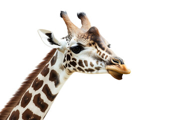 Naklejka premium Majestic male giraffe with distinctive patterns and features, showcasing its elegant neck and expressive face. Isolated on transparent white background, png