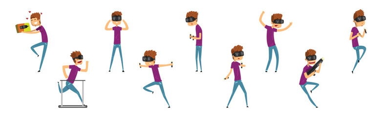 Young Man in Virtual Reality Glasses Vector Set