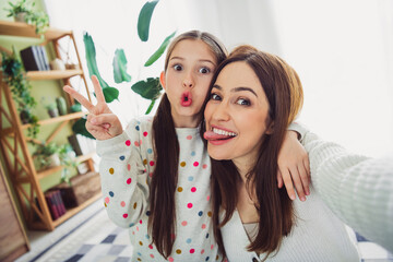 Playful young mother and daughter making faces together at home on a sunny spring day, reflecting...