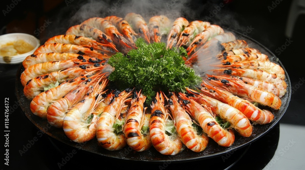 Poster a top-down view of large grilled prawns arranged in a circle on a platter, with steam rising and a g