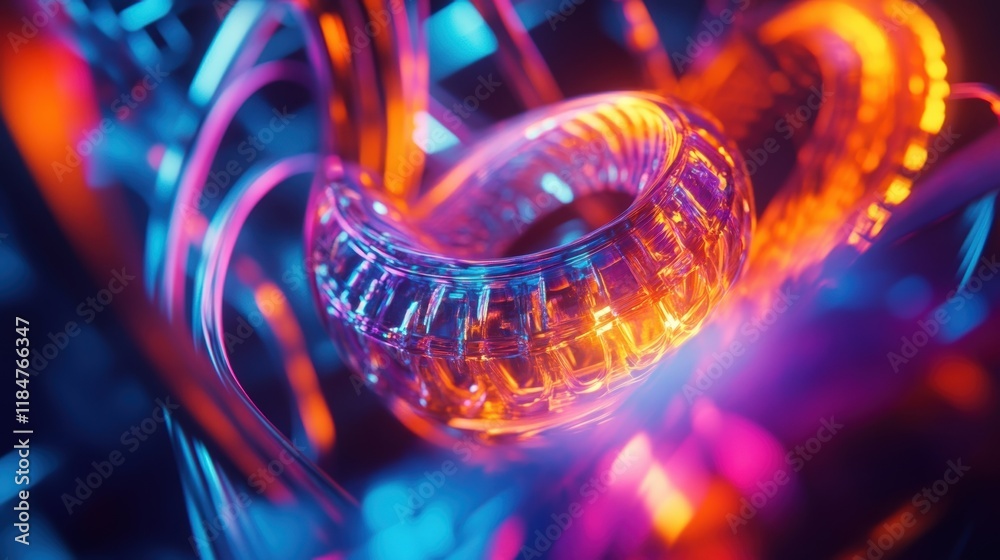 Poster complex transparent torus with glowing neon lights rotating inside an abstract structure, creating a