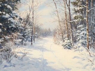 Obraz premium Snowy Path Through a Winter Woodland Scene