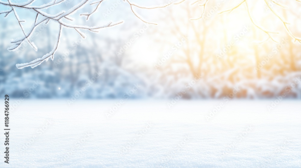 Poster gentle snow-covered branches sway in a winter breeze, while warm sunlight casts a soft glow through 