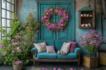 Obraz premium A cozy room adorned with vibrant Easter decorations, featuring a floral wreath and blooming plants beside a turquoise sofa, creating a cheerful ambiance.