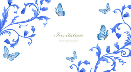 watercolor invitation card with monochrome blue blooming floral twigs and butterflies