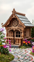 An adorable intricately crafted vintage wooden dog house.