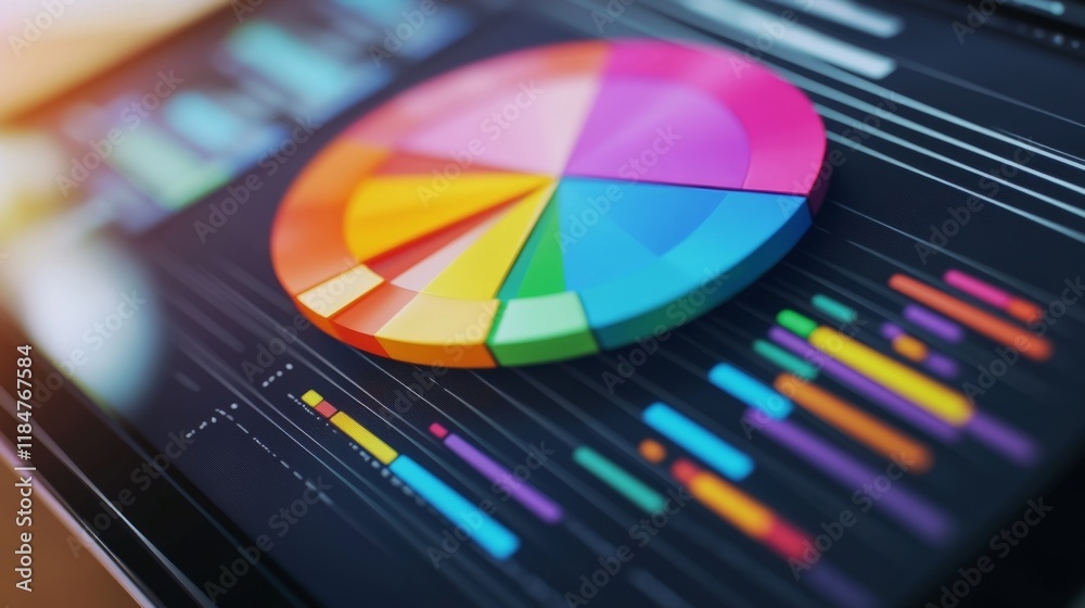 Poster A vibrant D pie chart popping out of a tablet screen, showcasing interactive data analysis with colorful segments and percentages.
