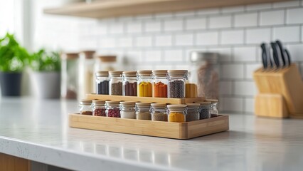Organized spice jars on a kitchen counter with wooden accents