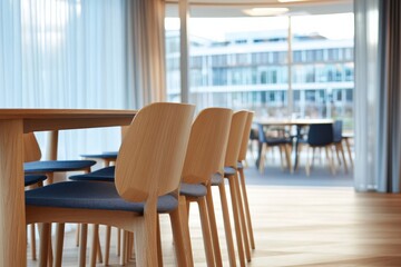 Chairs are arranged neatly around a modern wooden table in a minimalist room, enhanced by natural light creating an inviting atmosphere perfect for gatherings