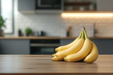 bananas in close-up on a table in a luxurious and modern kitchen with a blurred background. horizontal