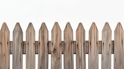 Weathered wooden picket fence isolated on white background.
