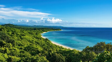 Lush Tropical Coastline Paradise: Serene Beach and Azure Ocean under a Bright Sky