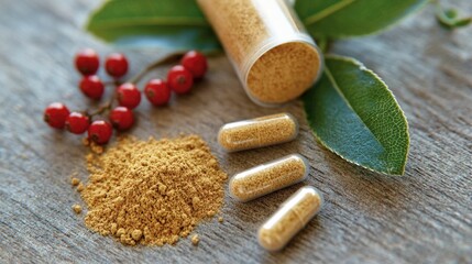 Turmeric powder and berberine capsules, natural remedy, herbal supplement, wellness, rustic background, organic ingredients, health