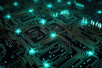 Fototapeta premium An abstract neon maze of circuit board patterns illuminated by glowing blue lights, creating a futuristic, tech-inspired landscape that showcases digital complexity and innovation