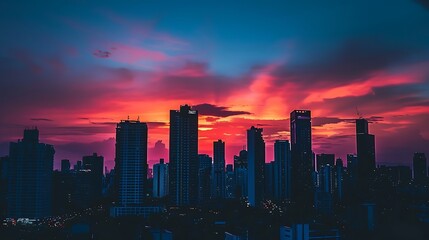 Fototapeta premium Sunset over the city, silhouette of a skyscraper in the city