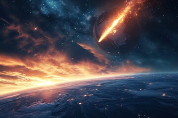 A brilliant star descends through space, igniting as it enters Earth's atmosphere, illuminating the sky above a serene ocean and creating a breathtaking view at twilight