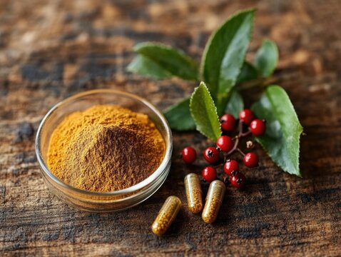 Golden turmeric powder and berberine capsules, barberry berries, herbal wellness, rustic background, organic supplements, health