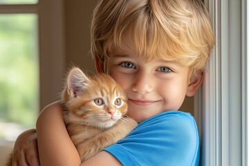 Blond Boy Hugging Ginger Kitten by Window. Natural Light Highlights Bond Between Child and Pet. Peaceful and Warm Atmosphere Suitable for Family and Animal Themes. AI generated