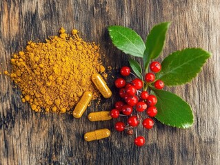 Turmeric powder and berberine capsules, barberry berries, organic supplements, herbal wellness, natural remedy, rustic wood backdrop