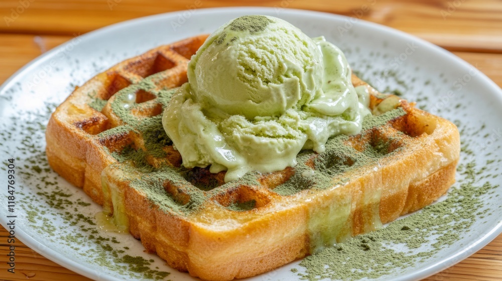 Poster a vibrant display of honey toast topped with a scoop of matcha ice cream, drizzled with honey and sp
