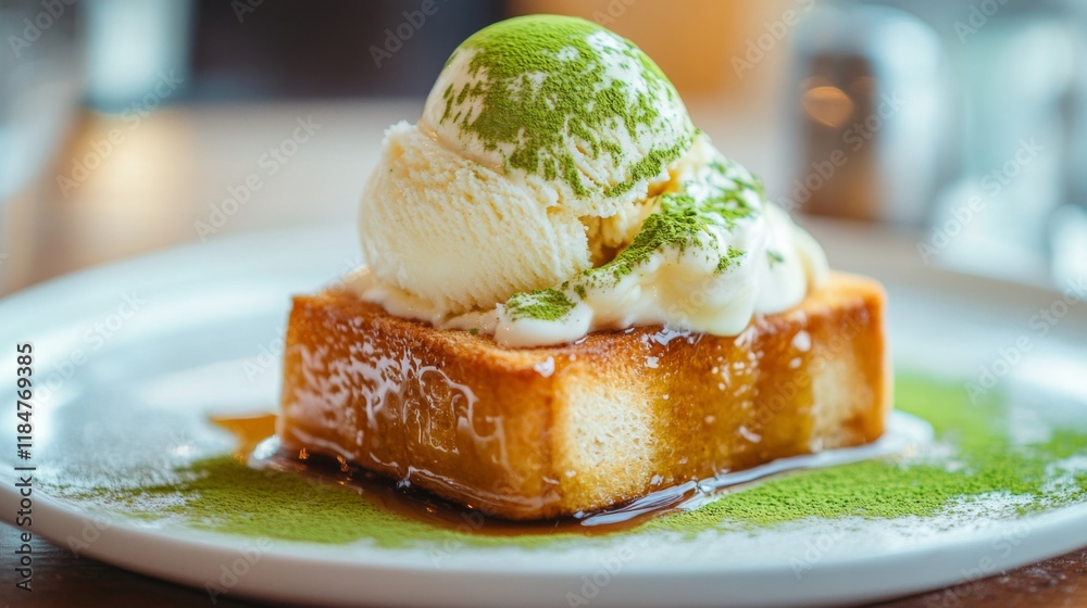 Poster a vibrant display of honey toast topped with a scoop of matcha ice cream, drizzled with honey and sp
