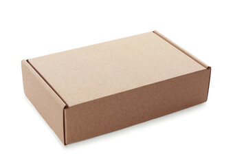 One closed cardboard box isolated on white. Mockup for design