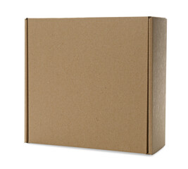 One closed cardboard box isolated on white. Mockup for design