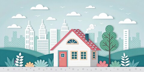 3d cute house papercut art illustration with city scape background