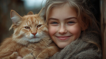 Children playing with rescued cats and dogs at an animal shelter, simple background, bright lighting, contrast