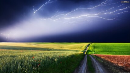 Dramatic lightning bolts striking across a dark storm sky over colourful rural green fields and a country road at dusk.