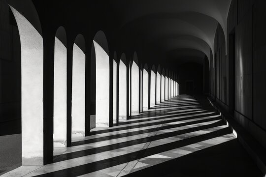 A dramatic interplay of light and shadow in an arched corridor creates a symmetrical pattern of contrasting tones during the golden hour