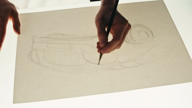 Young man artist is drawing new car model by pencil on white paper . The design engineer of cars making a new design of new auto equipment, and modernization and updating of existing car models close