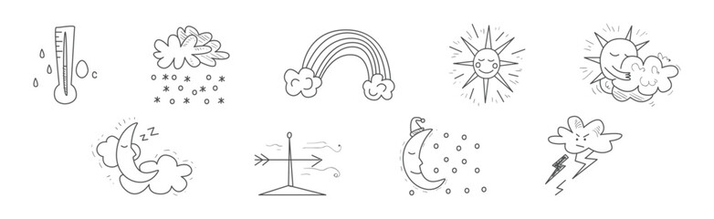 Cute Weather Line Object and Doodle Drawn Element Vector Set