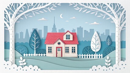 Fototapeta premium 3d cute house papercut art illustration with city scape background