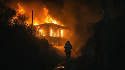 A heroic firefighter approaches a blazing structure engulfed in flames, battling the fierce wildfire as night sets in. The glow of fire illuminates the dark surroundings