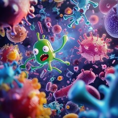 Cartoon style bacteria engage in a playful battle against antibodies in a vibrant microscopic world. Generative AI