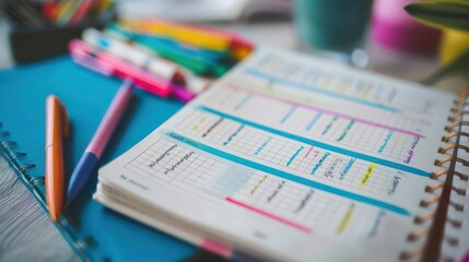 A planner open to a schedule page, surrounded by colorful pens and a vibrant background.