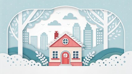 3d cute house papercut art illustration with city scape background