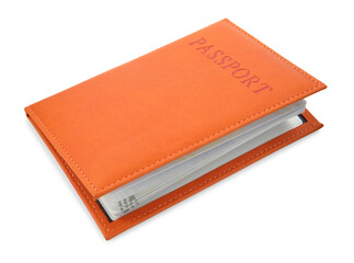 Passport in orange cover isolated on white