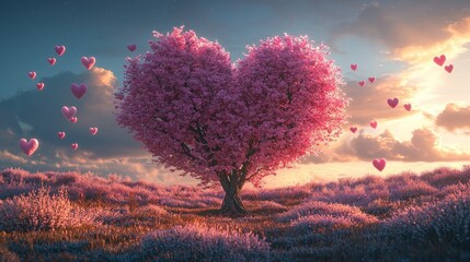 Heart-Shaped Tree in Bloom at Sunset with Floating Hearts in a Lavender Field