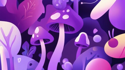 Enchanted Purple Mushroom Forest - A Dreamlike Botanical Illustration