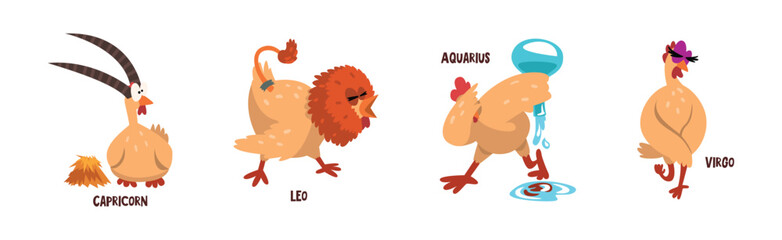 Zodiac Sign with Funny Chick Character Vector Set