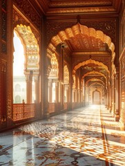Sunlight streams through ornate windows, highlighting the carvings and textiles of a regal Indian palace