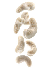 Cashew nuts fall in space. Volumetric back light. Isolated on white